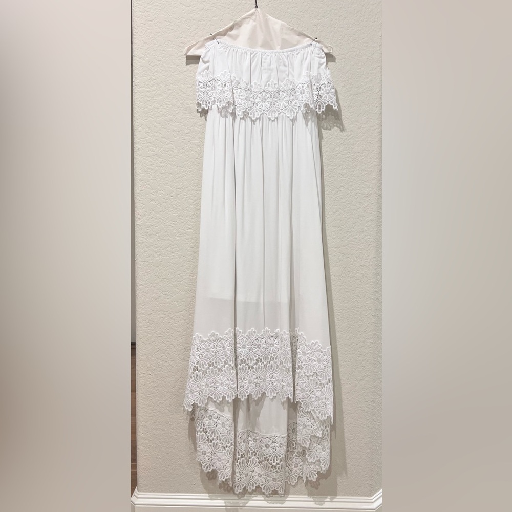 SOLITAIRE SWIM White Lace Trim Cover-Up Dress | Strapless Hi-Low | Size M